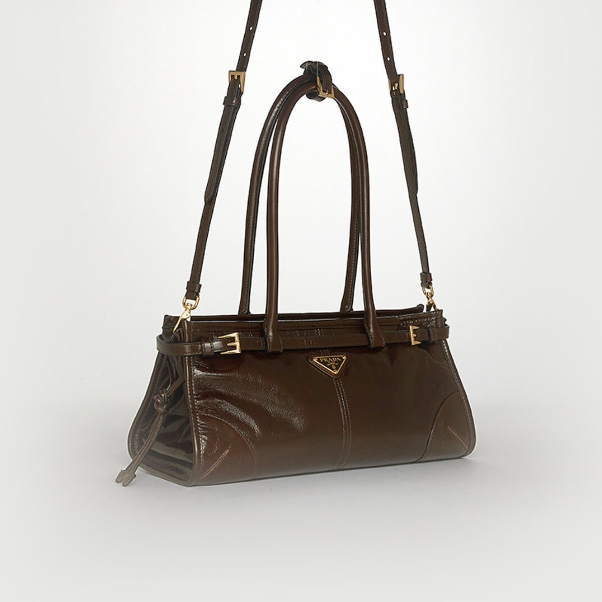 Belted Medium Leather Shoulder Bag in Dark Brown