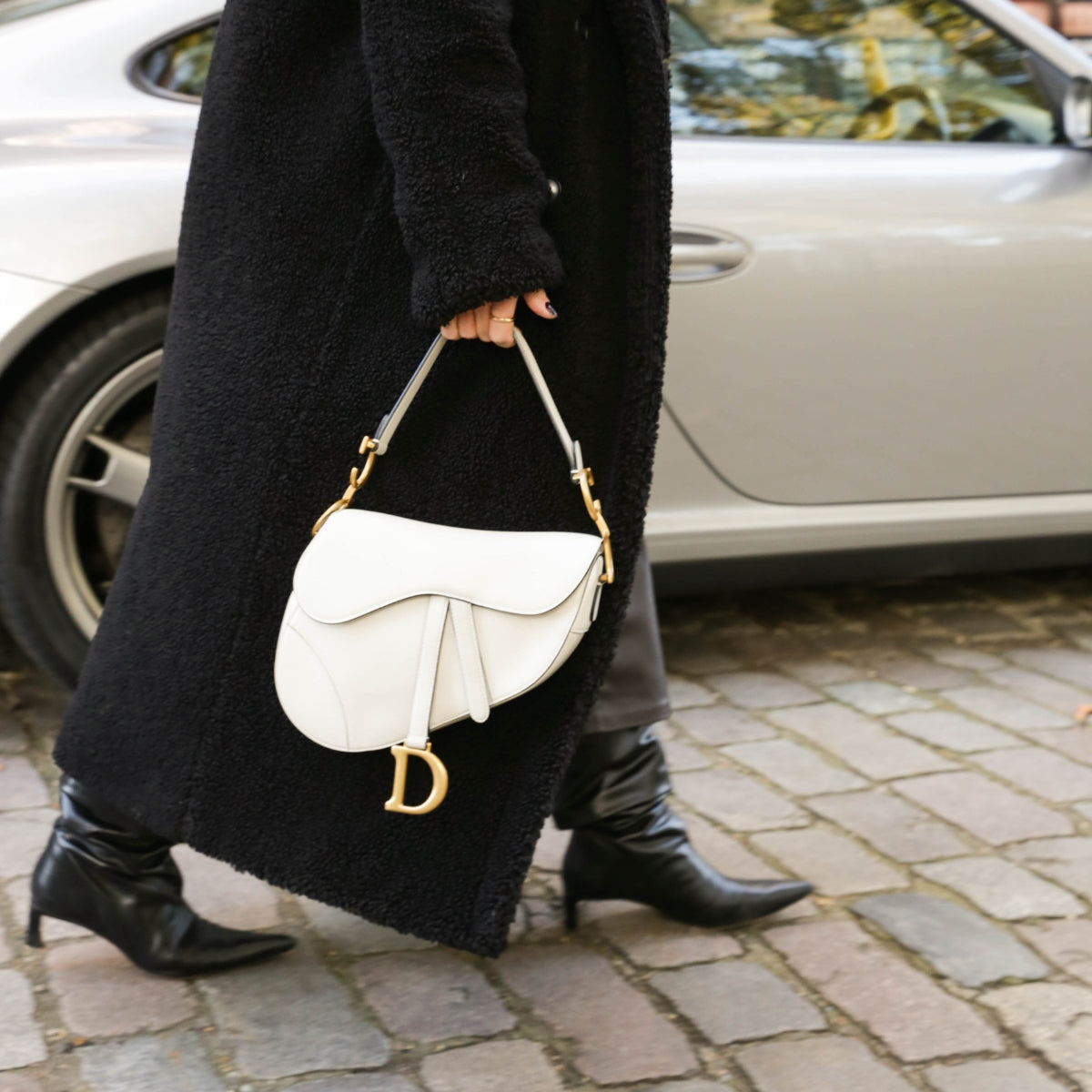 Saddle Bag in White Leather with Gold Hardware