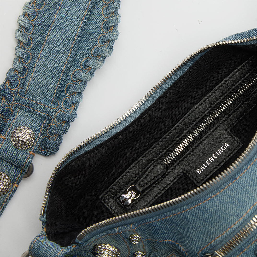 Le Cagole Denim Shoulder Bag with Crystal Stud Embellishment