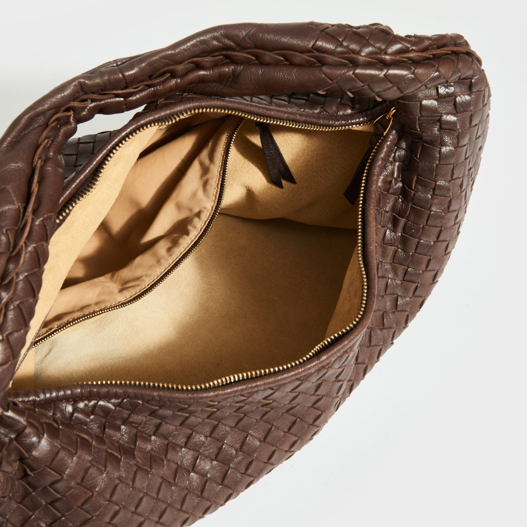 Large Hobo Intrecciato Leather Shoulder Bag in Dark Brown