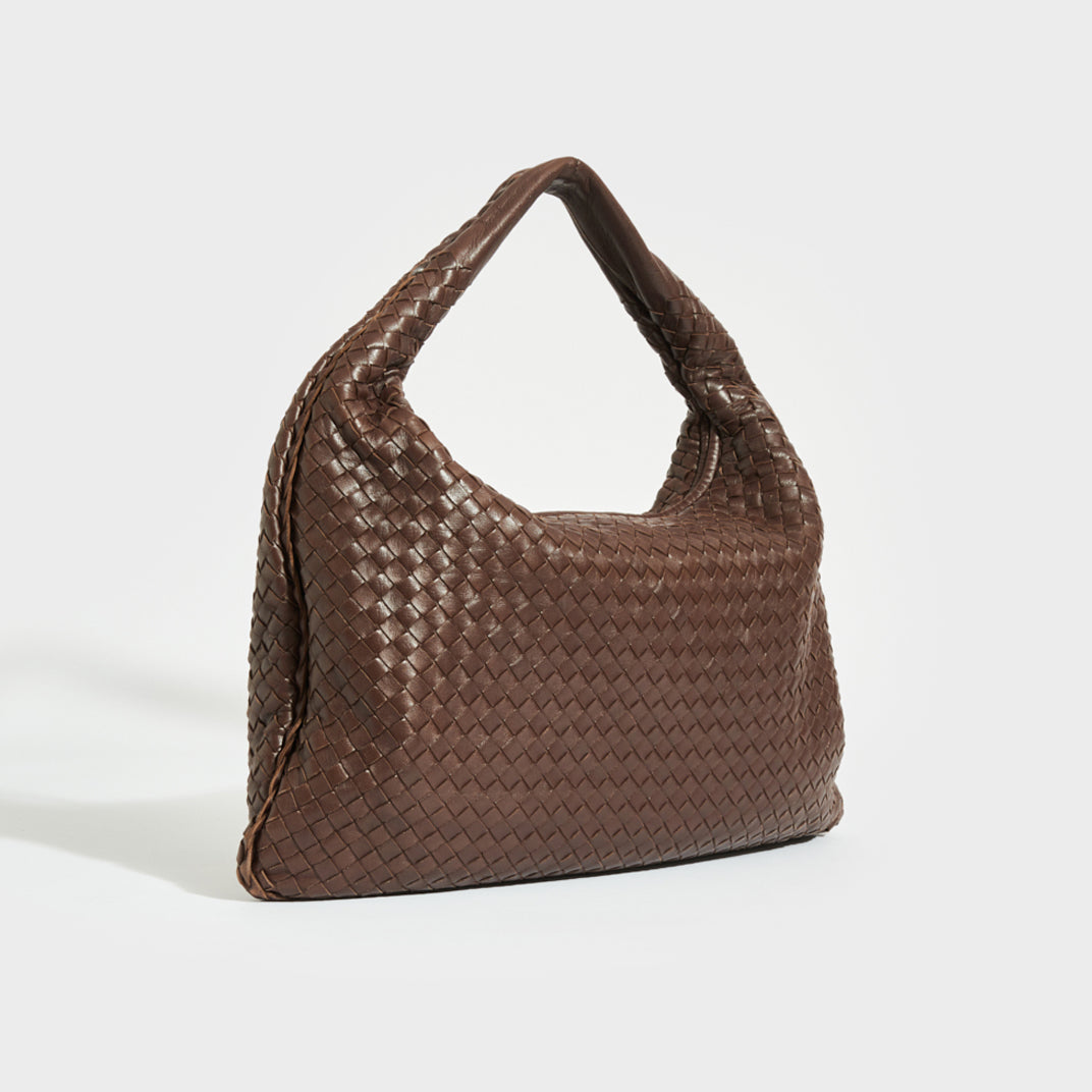 Large Hobo Intrecciato Leather Shoulder Bag in Dark Brown
