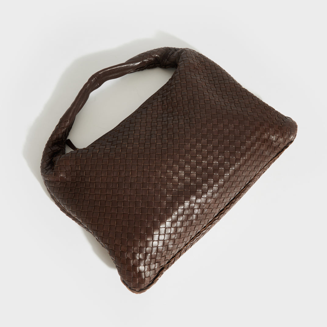 Large Hobo Intrecciato Leather Shoulder Bag in Dark Brown