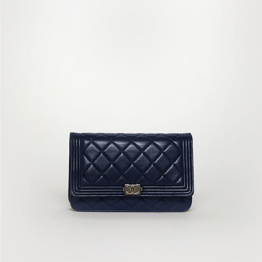 Boy Wallet On Chain in Navy Blue Lambskin Leather