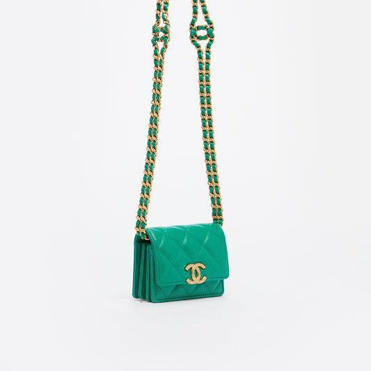 Micro CC Clutch With Chain Crossbody Bag in Green Quilted Lambskin