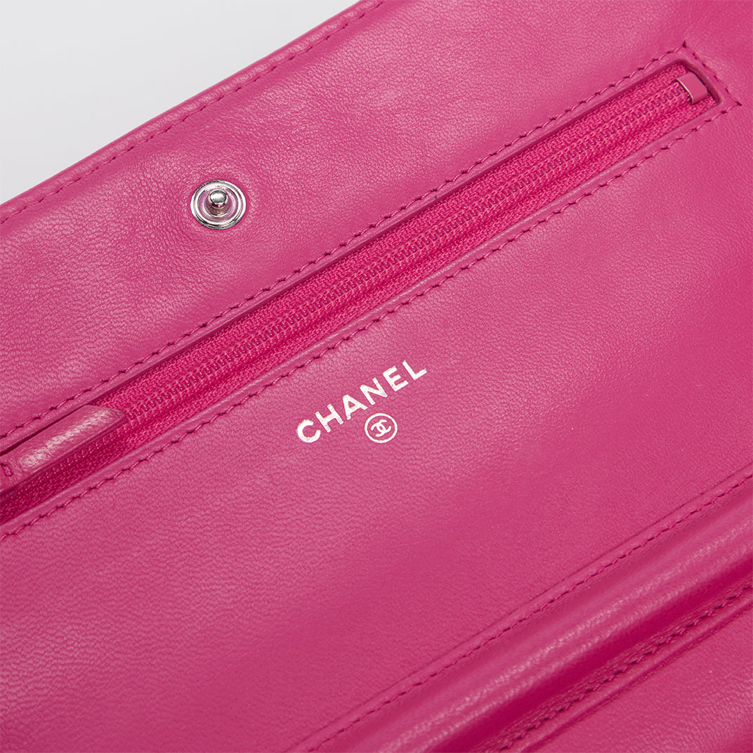 Wallet on Chain in Bright Pink Lambskin Leather
