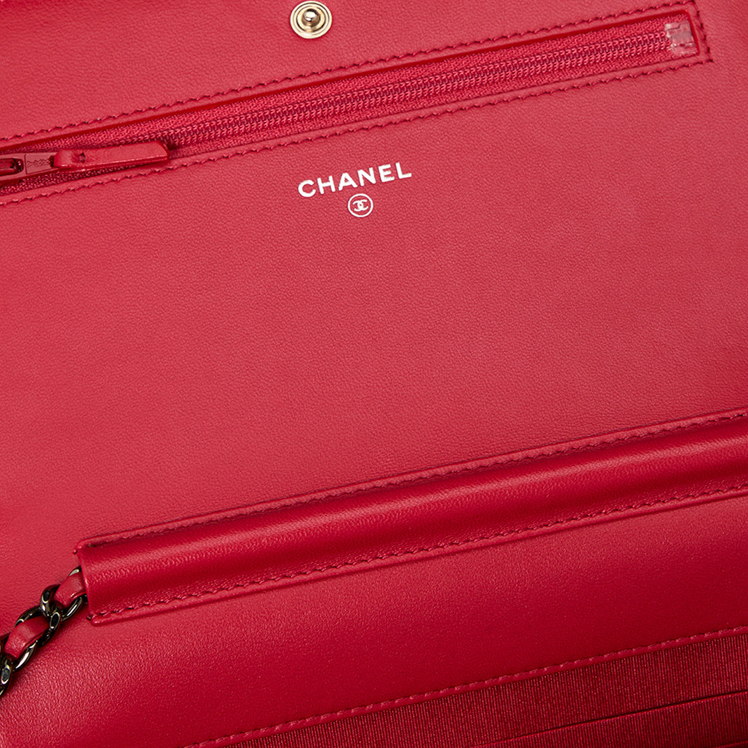 Asymmetrical Stitch Wallet On Chain in Red Lambskin Leather