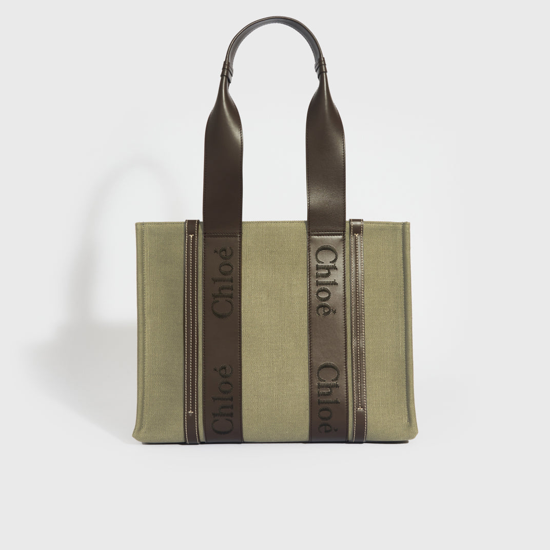 CHLOÉ Medium Linen-Canvas Woody Tote Bag in Green [ReSale]