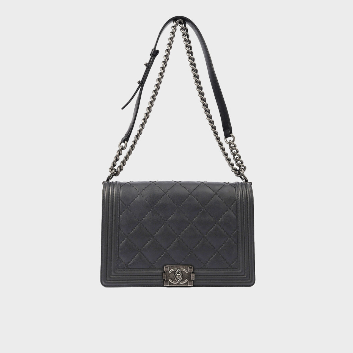 Large Double Stitch Boy Bag in Black Leather