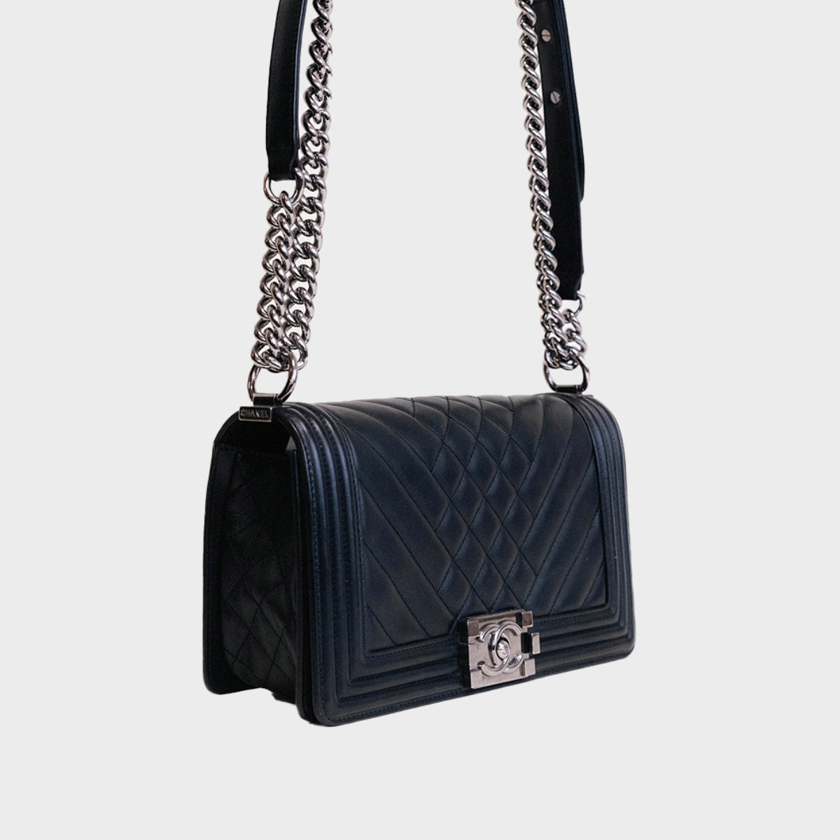 Medium Boy Bag in Black Quilted Leather with Silver Hardware