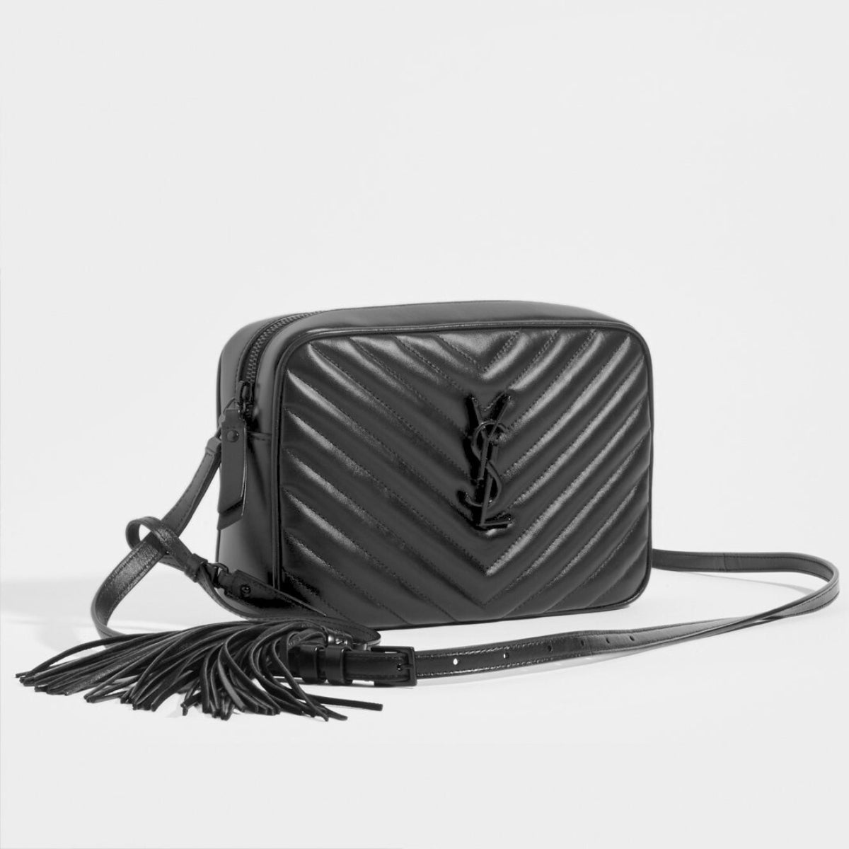 Lou Camera Bag in Black Matelassé Leather with Black Hardware