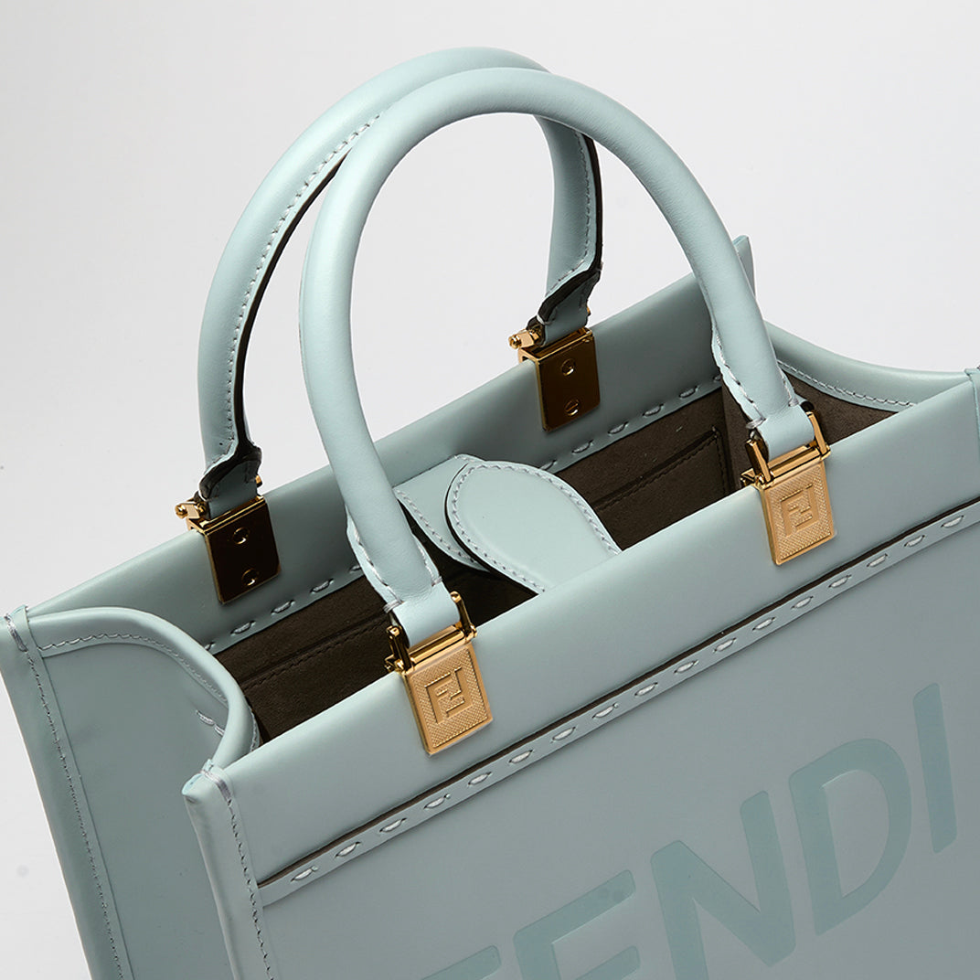 Sunshine Logo-Debossed Small Leather Tote Bag in Blue