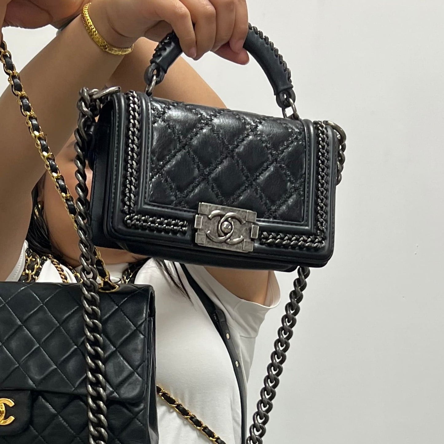 Small Top Handle Chain Around Boy Bag in Black Calfskin Leather