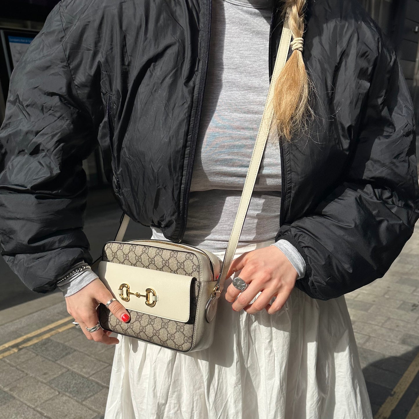 Horsebit 1955 GG Supreme Small Crossbody Bag with White Leather Trim