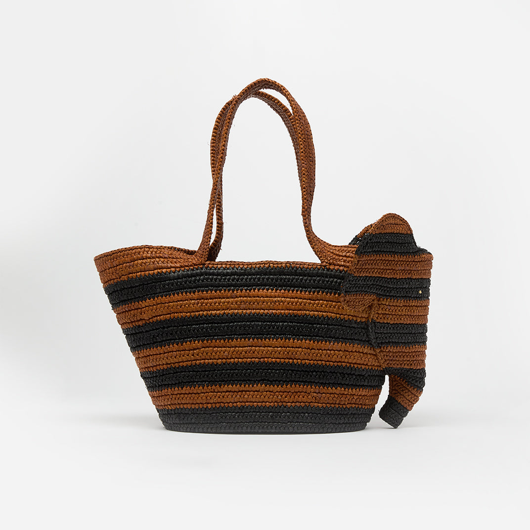 Small Elephant Basket Bag in Black and Honey Gold Raffia