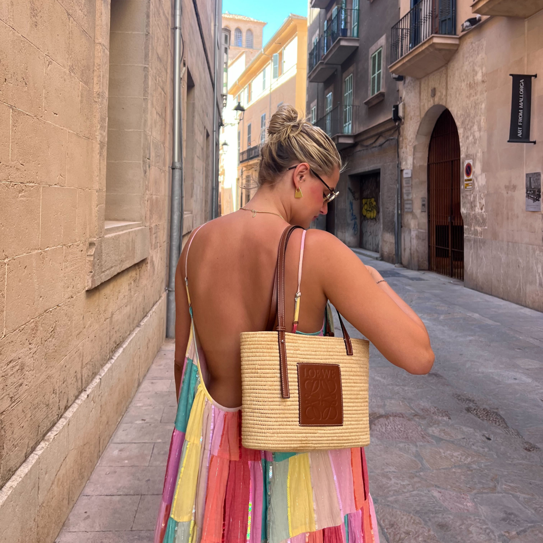 Small Leather and Raffia Tote in Natural & Pecan