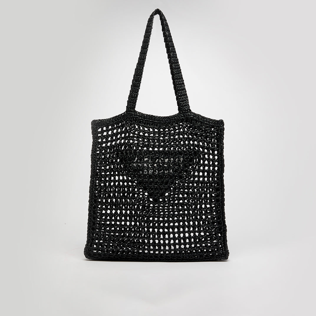 Logo Embroidered Crochet Tote Bag in Black