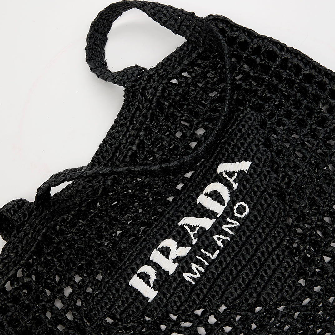 Logo Embroidered Crochet Tote Bag in Black