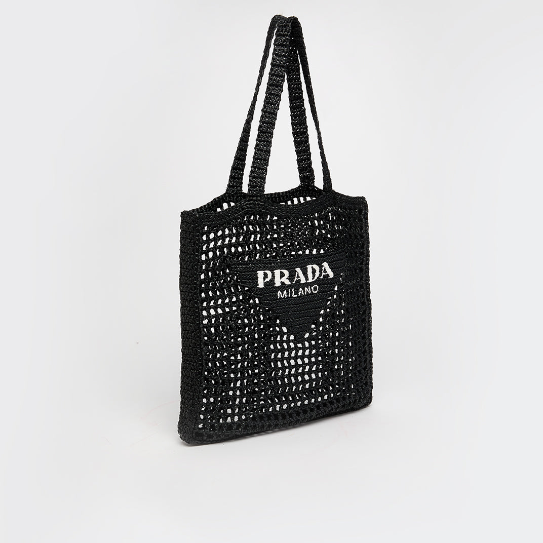 Logo Embroidered Crochet Tote Bag in Black