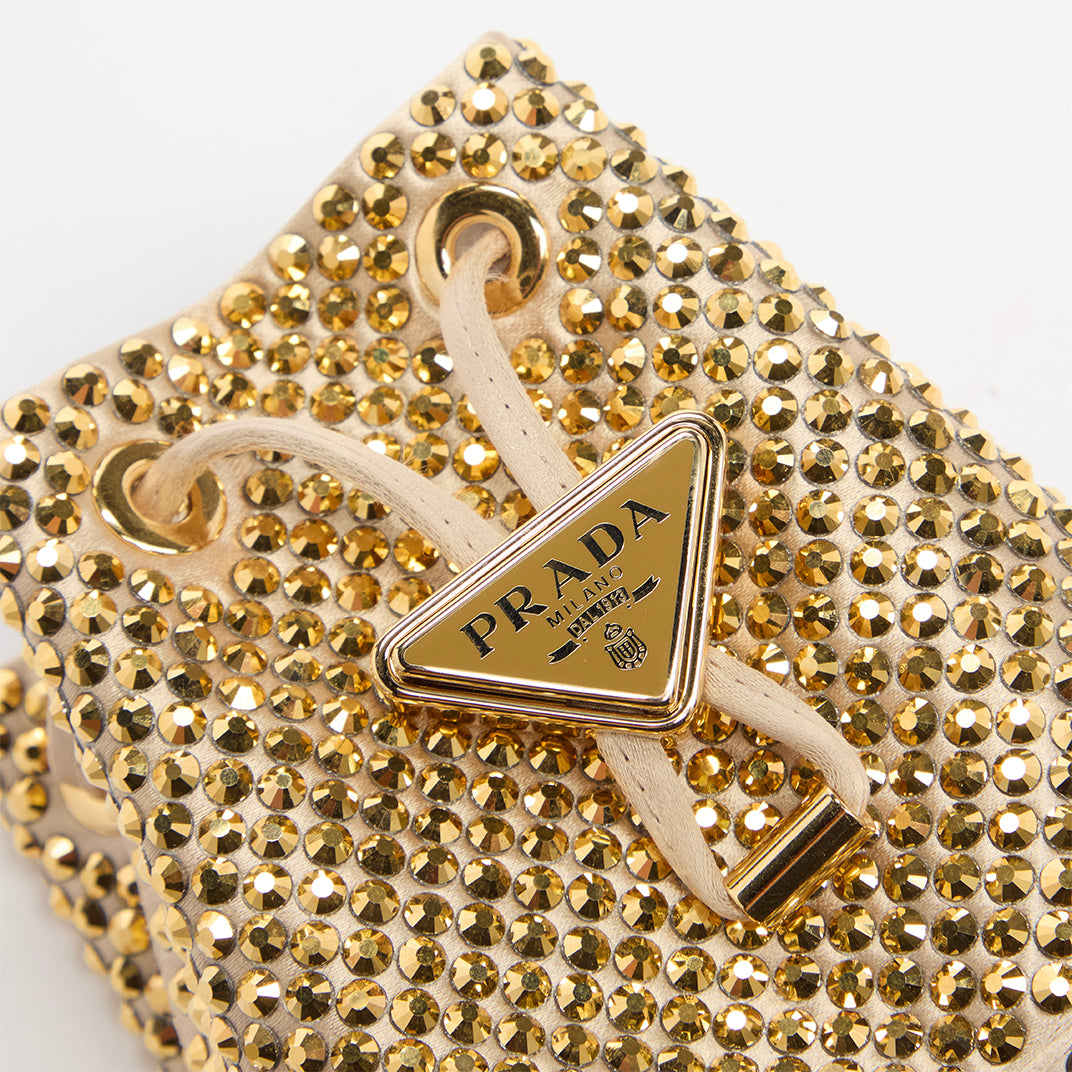 Crystal Embellished Woven Bucket Bag in Gold