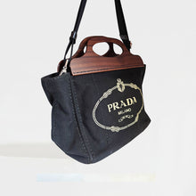 Load image into Gallery viewer, PRADA Logo Print Canvas Tote with Wooden Handle [ReSale]