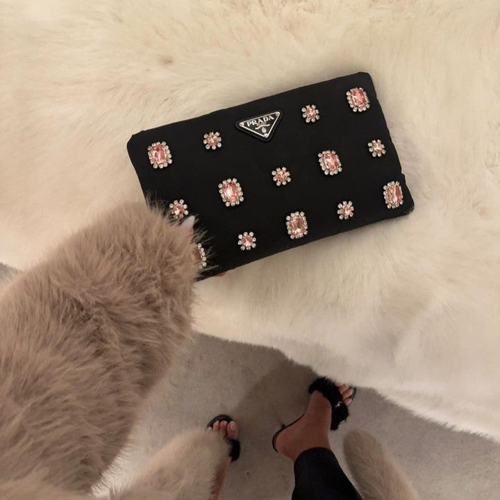 Catene Crystal Embellished Padded Nylon Clutch in Black