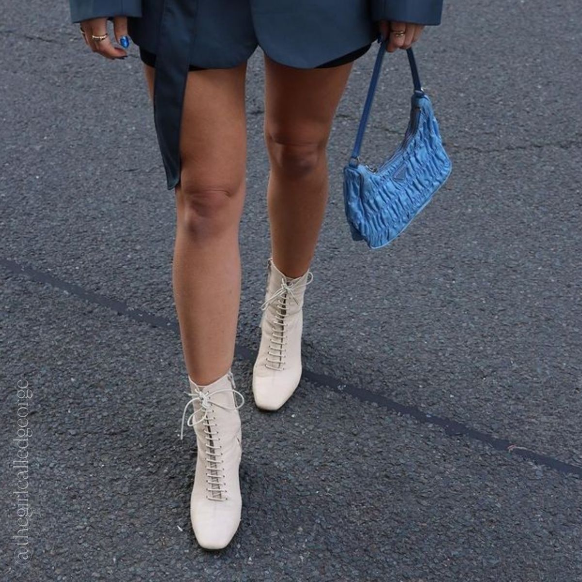 Ruched Hobo Bag in Blue Nylon