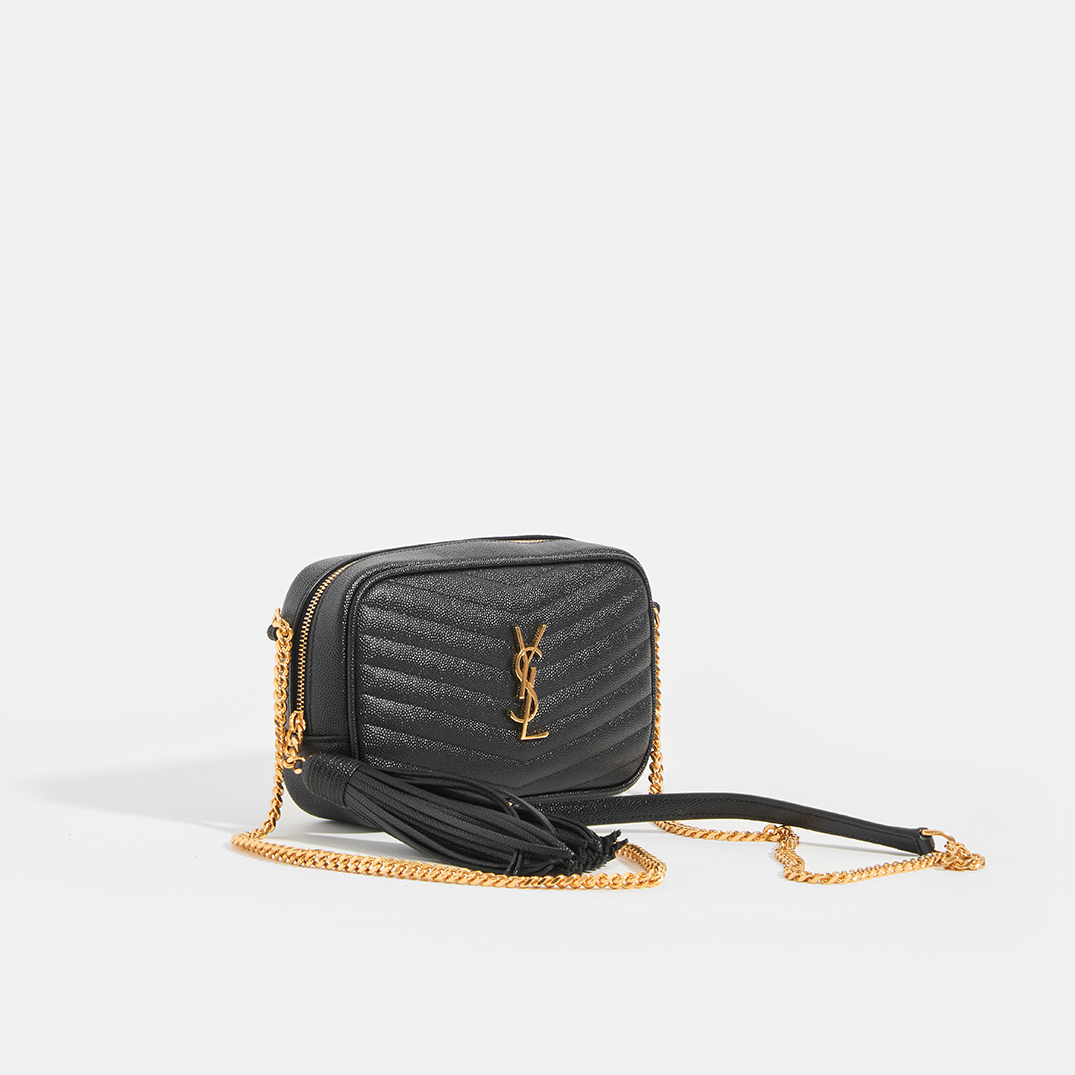 Lou Camera Bag in Black Leather with Gold Hardware