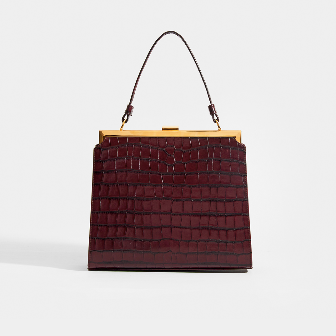 Elegant Croc-Effect Leather Frame Bag in Brown