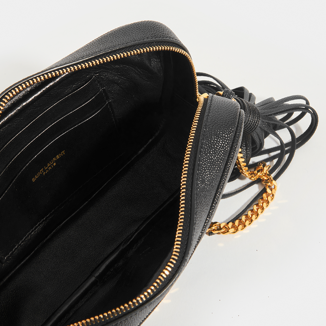 Lou Camera Bag in Black Leather with Gold Hardware