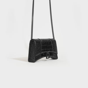 BALENCIAGA Hourglass Chain Bag in Black Shiny Crocodile Embossed Calfskin