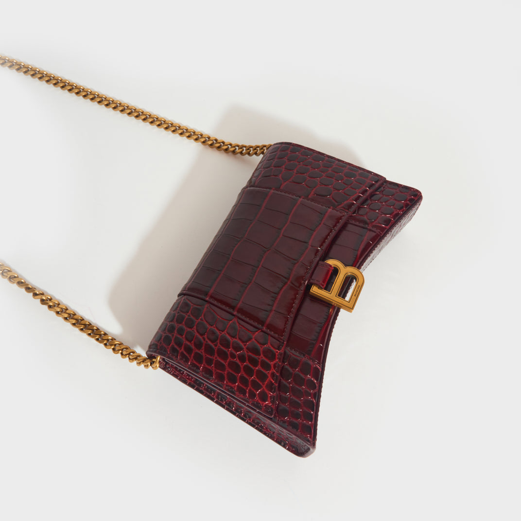 Balenciaga Hourglass Small Top Handle Bag in Burgundy Crocodile