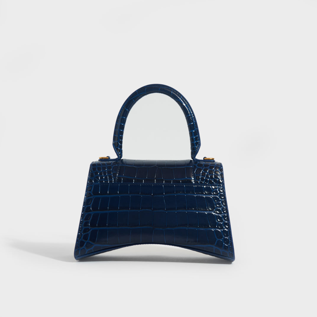 BALENCIAGA Hourglass Croc Embossed Top Handle Bag in Navy COCOON