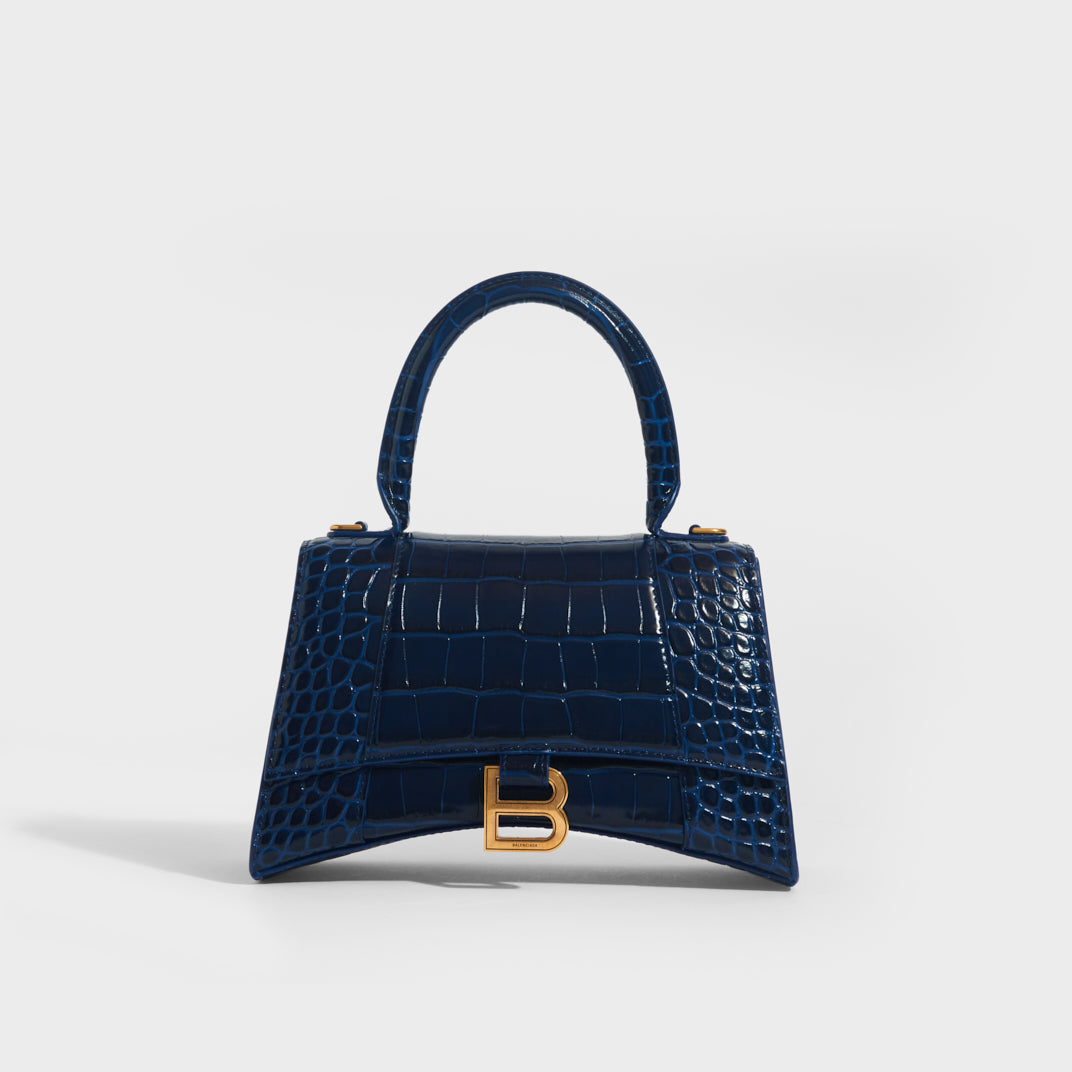 BALENCIAGA Small Hourglass Top Handle Bag in Navy Embossed Croc