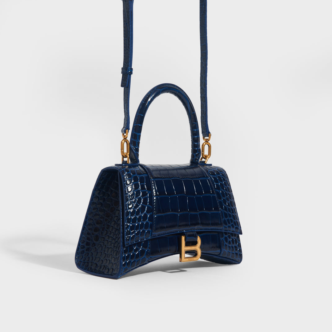 BALENCIAGA Hourglass Croc Embossed Top Handle Bag in Navy COCOON