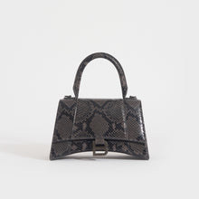 Load image into Gallery viewer, Front view of the BALENCIAGA Small Hourglass Top Handle Snakeskin-Effect Leather Bag in Dark Grey and Black