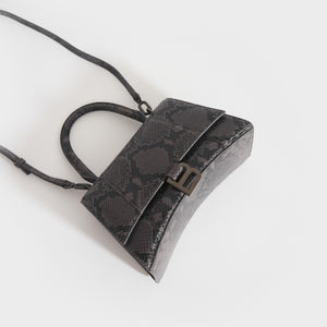 BALENCIAGA Small Hourglass Bag in Dark Grey and Black Snakeskin-Effect