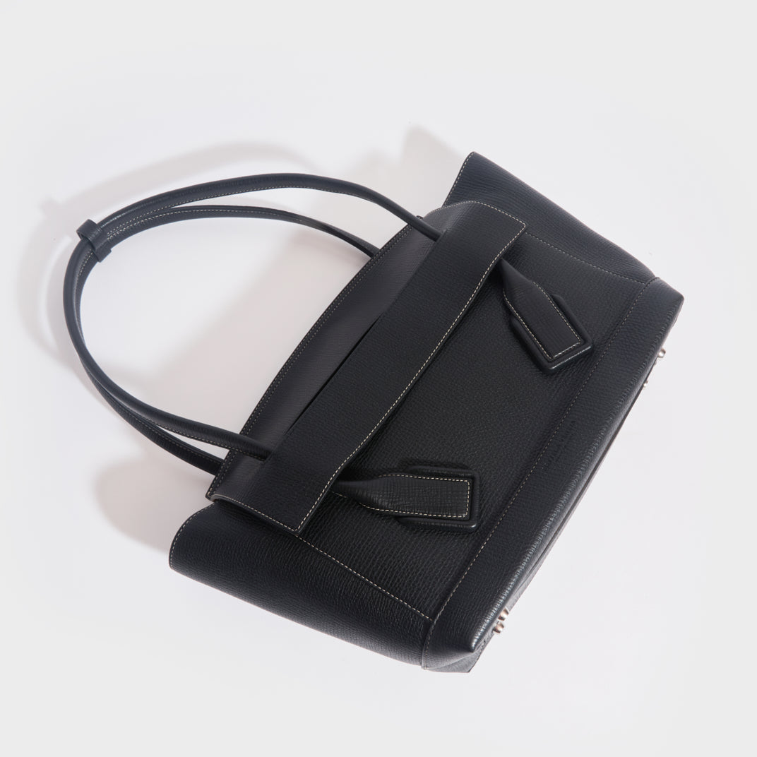 Arco Large Grained Leather Tote in Black with Silver Hardware