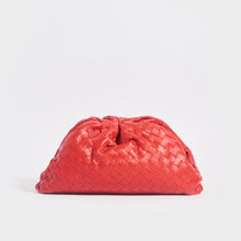 Load image into Gallery viewer, Front view of the BOTTEGA VENETA The Pouch Intrecciato Leather Clutch in Red