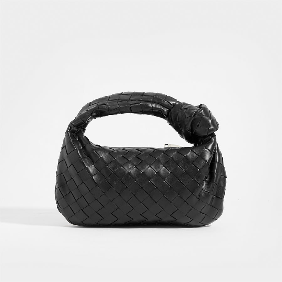 Front view of BOTTEGA VENETA Mini Jodie Top Handle Bag in Black Intrecciato Leather
