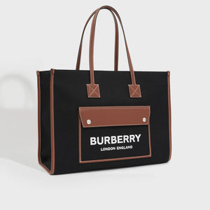 BURBERRY Medium Canvas and Leather Two Tone Freya Tote in Black and Tan