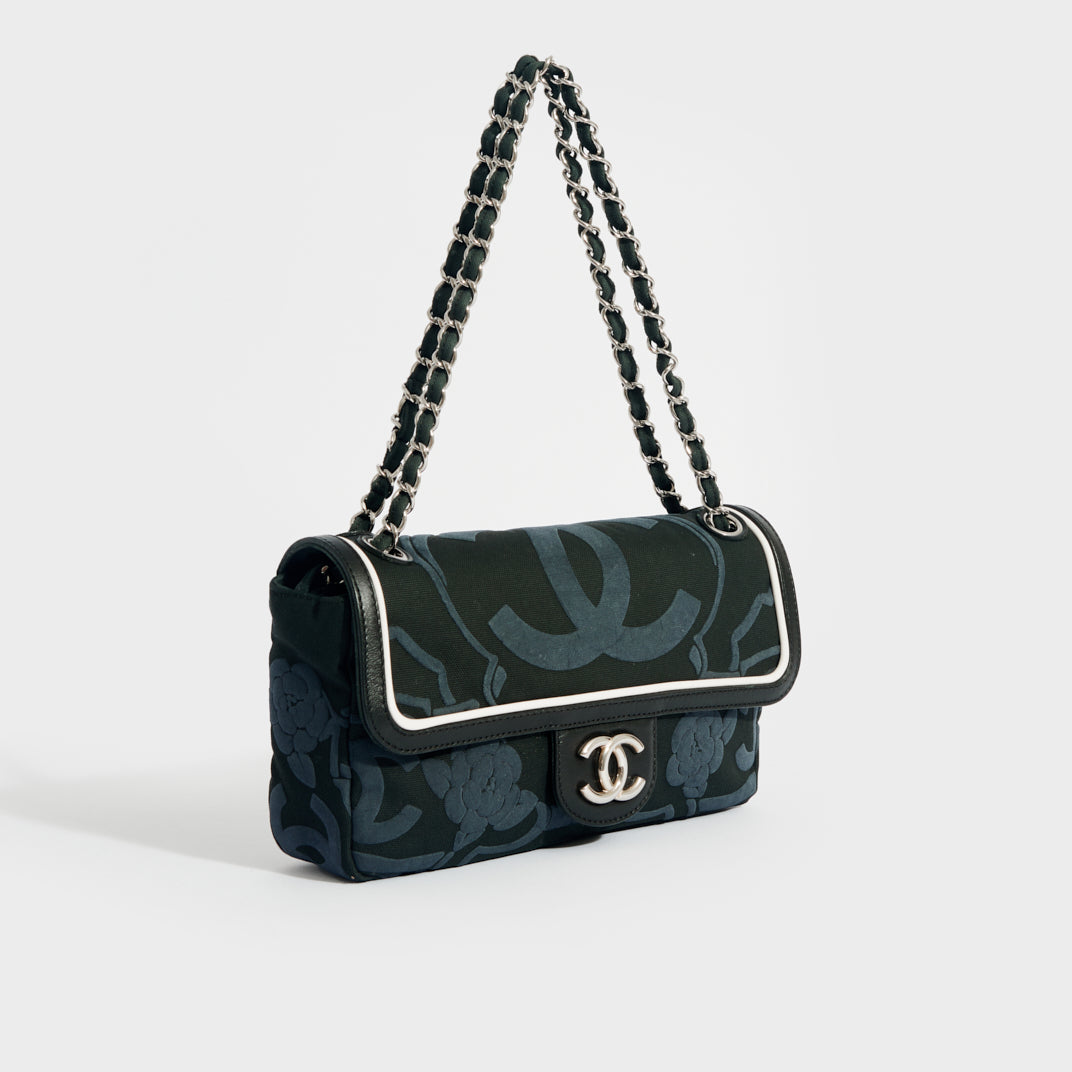 Camelia Canvas Single Flap Double Chain Bag in Black with White Leather Trim 2008 - 2009