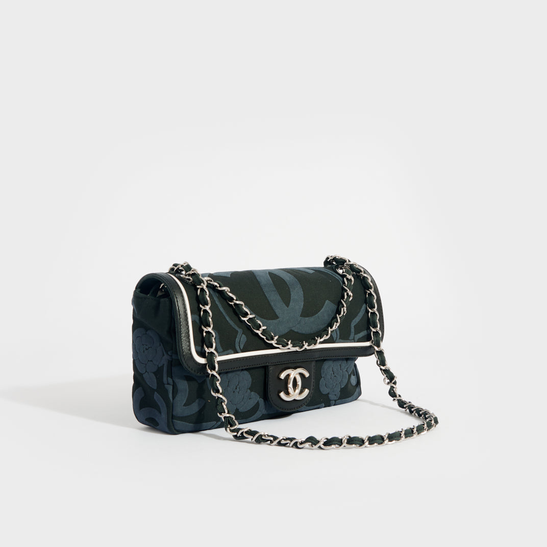 Camelia Canvas Single Flap Double Chain Bag in Black with White Leather Trim 2008 - 2009