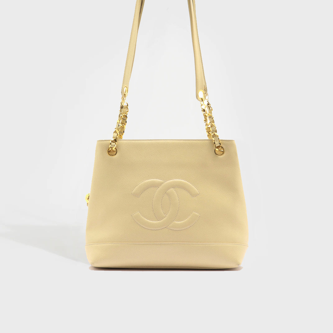 CHANEL Caviarskin Coco Tote Bag with Chain Straps in Beige 1991-1994