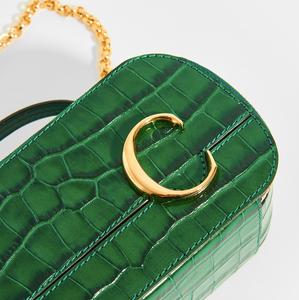 Close up of CHLOÉ C Mini Vanity Shoulder Bag in Green Croc-Effect Leather