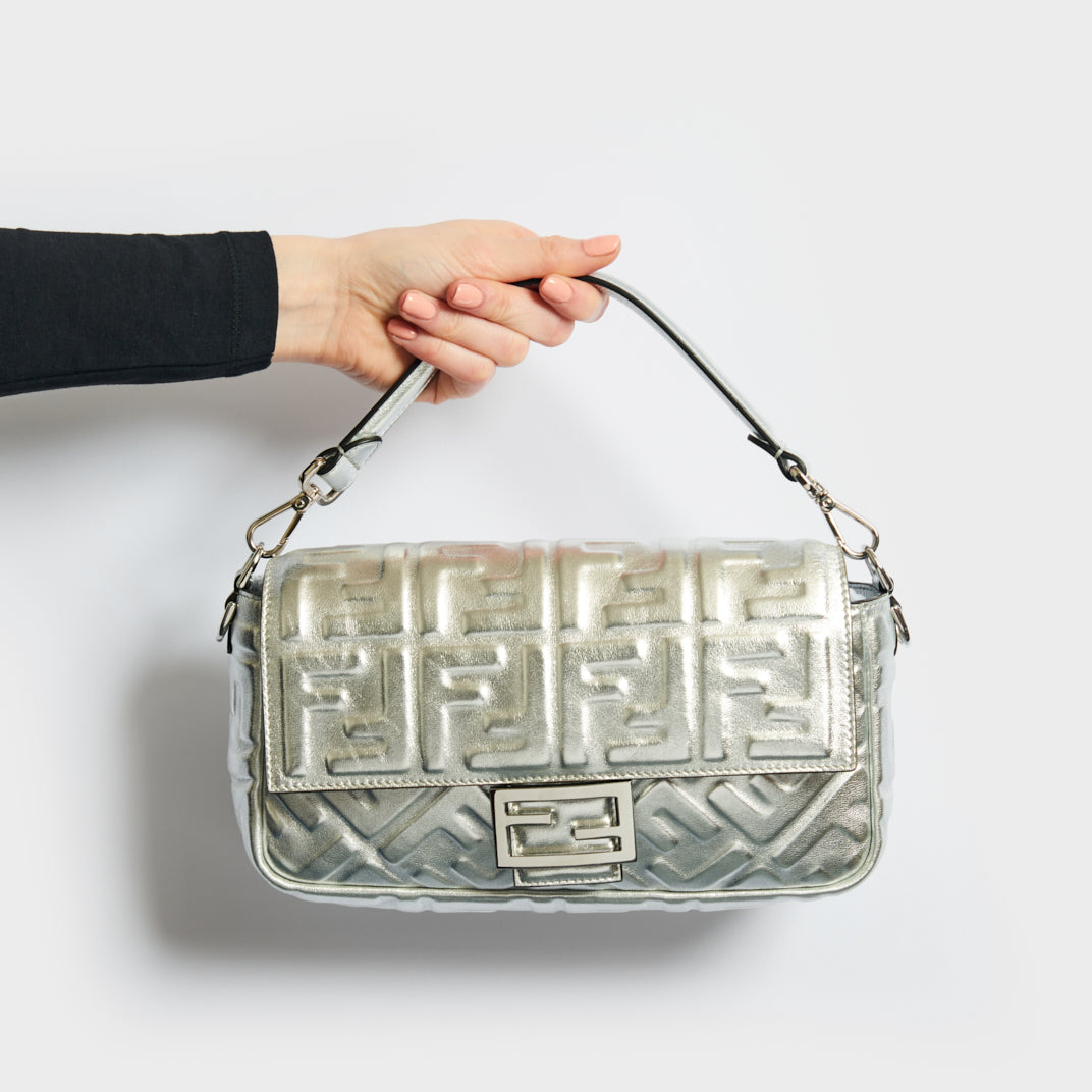 Small Zucca Baguette Bag in Silver Embossed Leather