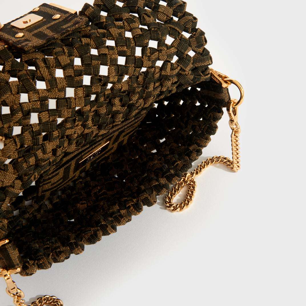 Mini Baguette Bag with Woven FF Jacquard Fabric in Brown