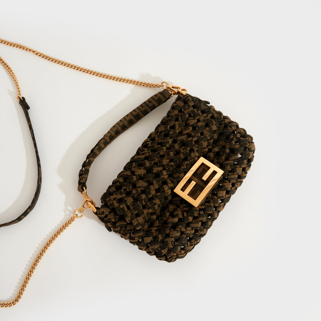 Mini Baguette Bag with Woven FF Jacquard Fabric in Brown
