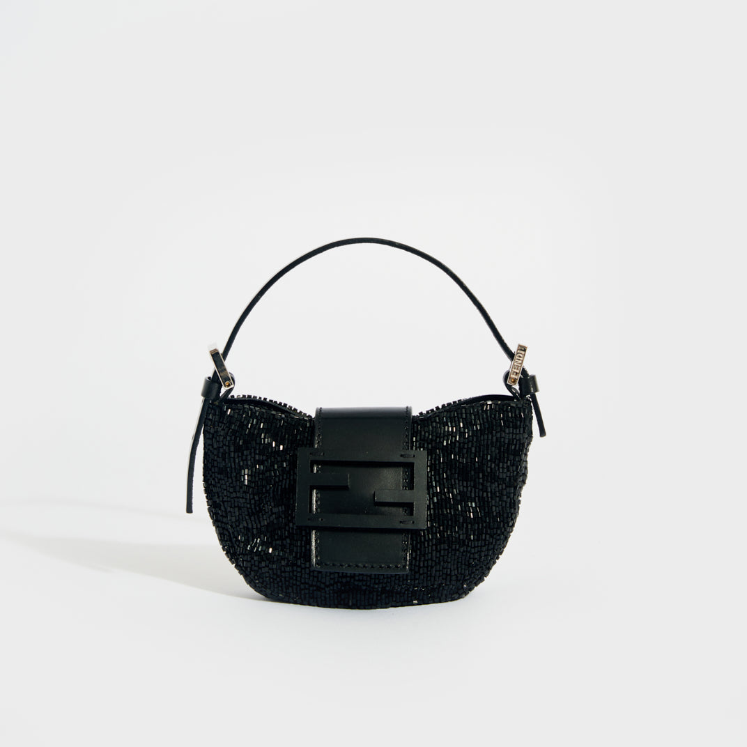 Mini Croissant Beaded Bag in Black