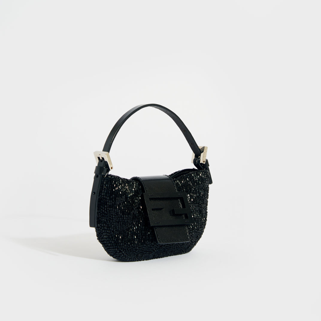Mini Croissant Beaded Bag in Black