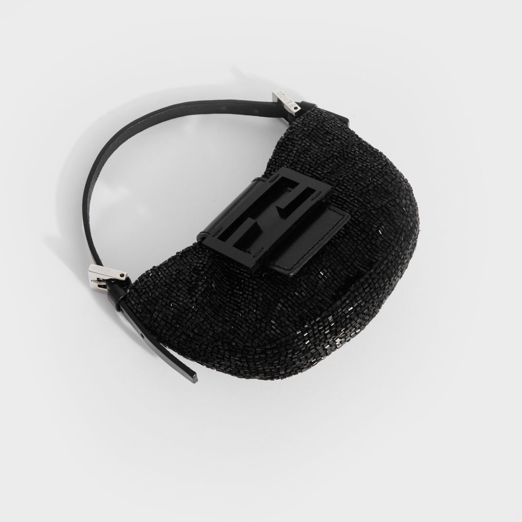 Mini Croissant Beaded Bag in Black